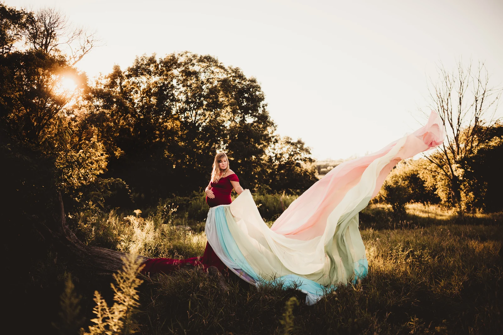 Pastel fabric in the evening light A pregnant woman holding flowing pastel fabric in a sunlit field.
