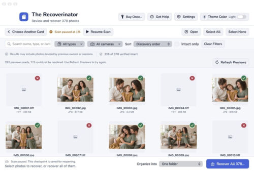 The Recoverinator Results window with fictional demonstration photos, not recovered customer photos.