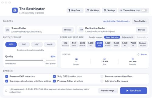 The Batchinator with source and destination folders chosen, JPEG and Web size selected, and 11 images ready.